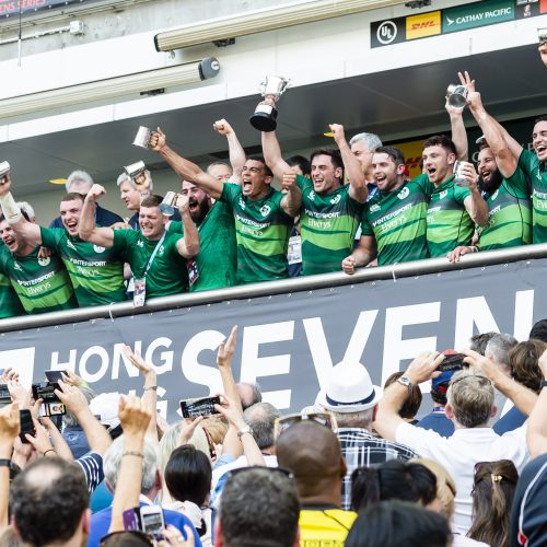 Billy Dardis lifts the trophy and celebrates winning the final with teammates 7/4/2019 HSBC World Rugby Sevens Series Qualifier Final, Hong Kong Stadium, Hong Kong 7/4/2019
Ireland vs Hong Kong
Ireland's Billy Dardis lifts the trophy and celebrates winning the final with teammates
Mandatory Credit ©INPHO/Yu Chun Christopher Wong